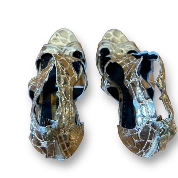 Rupert Sanderson Gold Gladiator Croc Reptile Leaf Print open Toe Heel Sandals - Picture 8 of 10